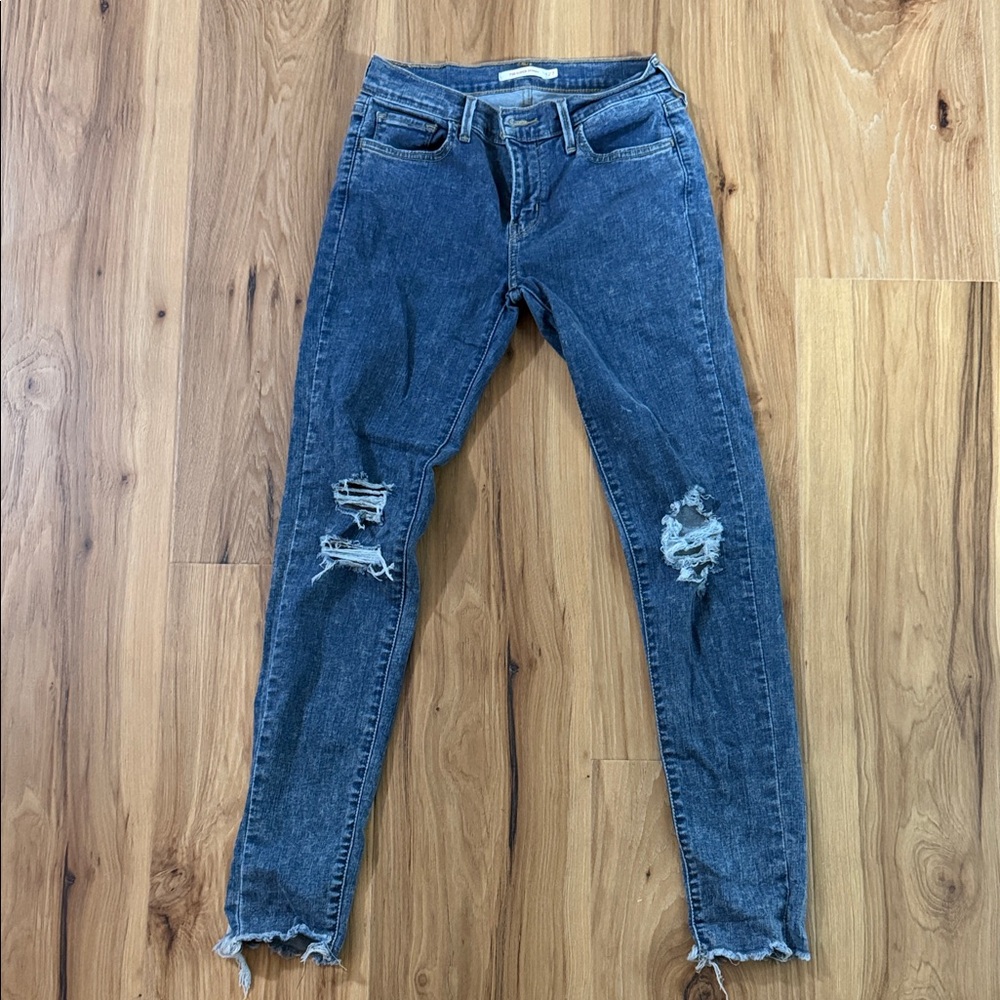 Trendy Distressed Skinny Jeans in Dark Blue